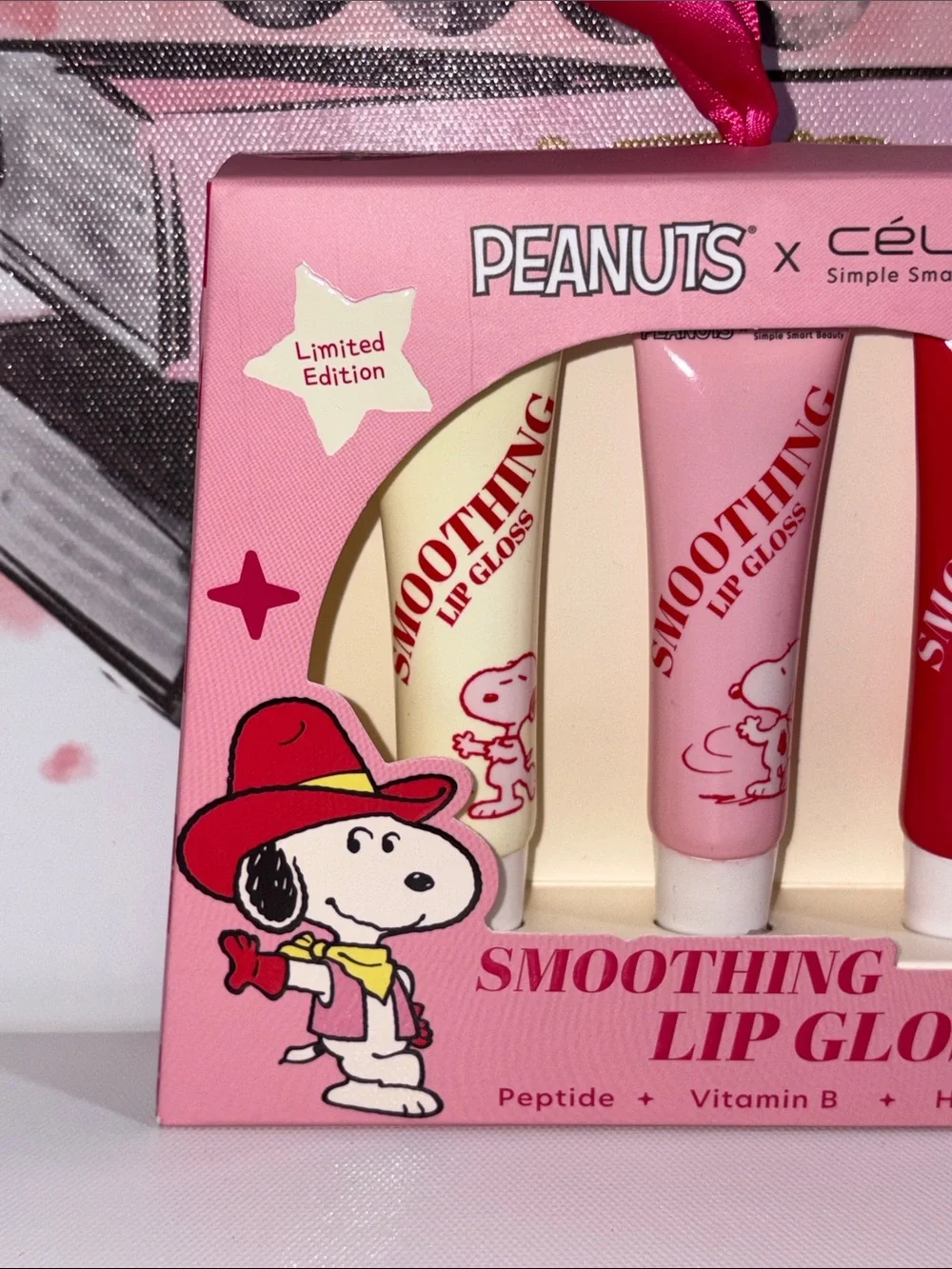 Peanuts x Célavi Smoothing Lip Gloss 3 pc Set - Pink/Red/White